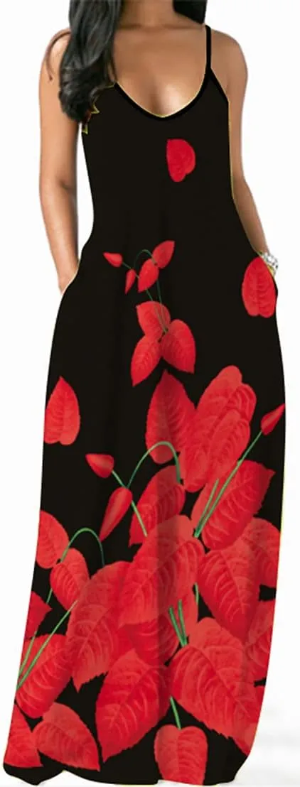 Chaos World Women's Maxi Dress V-Neck Strappy 3D Print Loose Summer Casual Dress