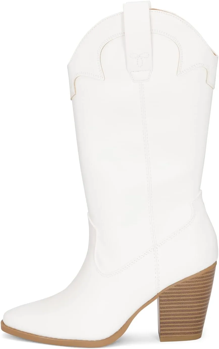 Chariot & Co Cowboy Boots for Women - Western Style Mid-Calf Stacked Heel Boot - Polly