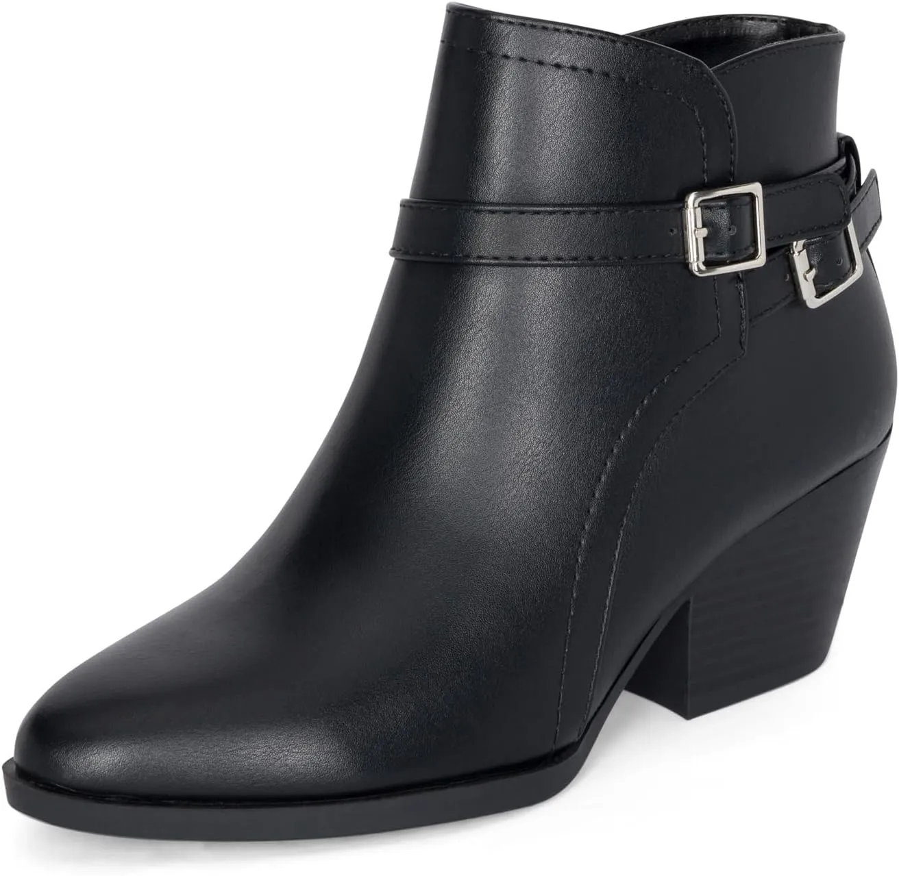 Chariot & Co : Mesa - Womens Western Stitch Pointy Toe Double Buckle Wood Stacked Heel Ankle Boots