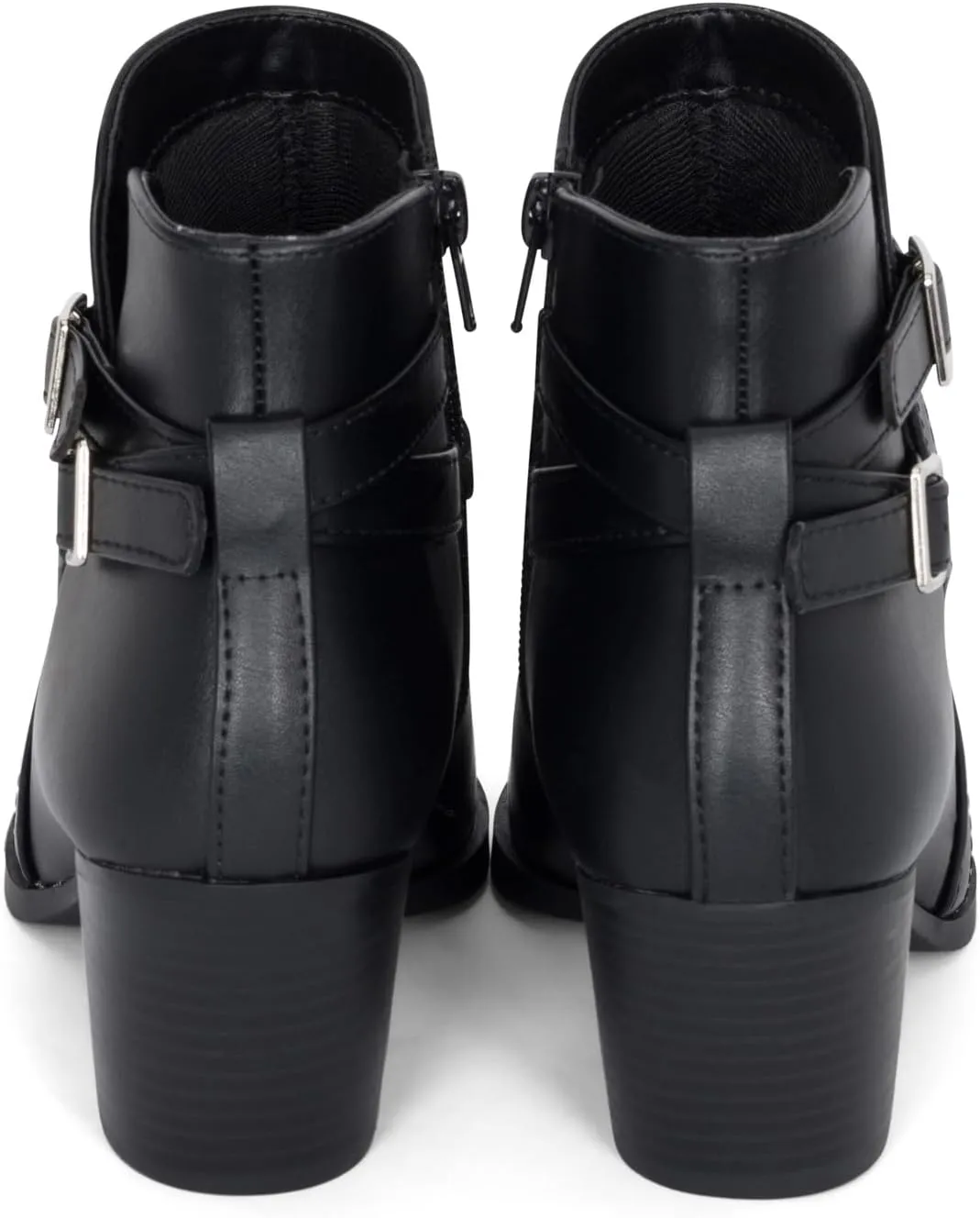 Chariot & Co : Mesa - Womens Western Stitch Pointy Toe Double Buckle Wood Stacked Heel Ankle Boots