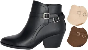 Chariot & Co : Mesa - Womens Western Stitch Pointy Toe Double Buckle Wood Stacked Heel Ankle Boots