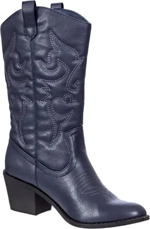 Charles Albert Cowboy Boots for Women Mid-Calf Boot Embroidered Stiching Western Cowgirl Boots Low Stacked Heel