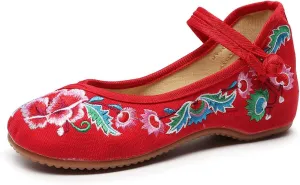 Chinese Embroidered Shoes for Women Round Toe Mary Jane Shoes Handmade Floral Slip On Loafers Comfort Walking Flats
