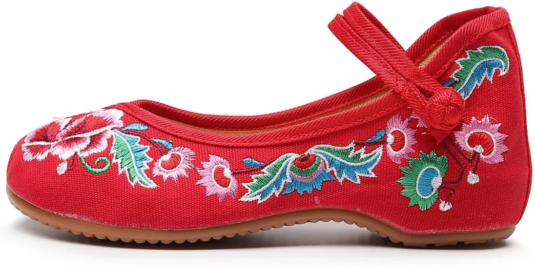 Chinese Embroidered Shoes for Women Round Toe Mary Jane Shoes Handmade Floral Slip On Loafers Comfort Walking Flats