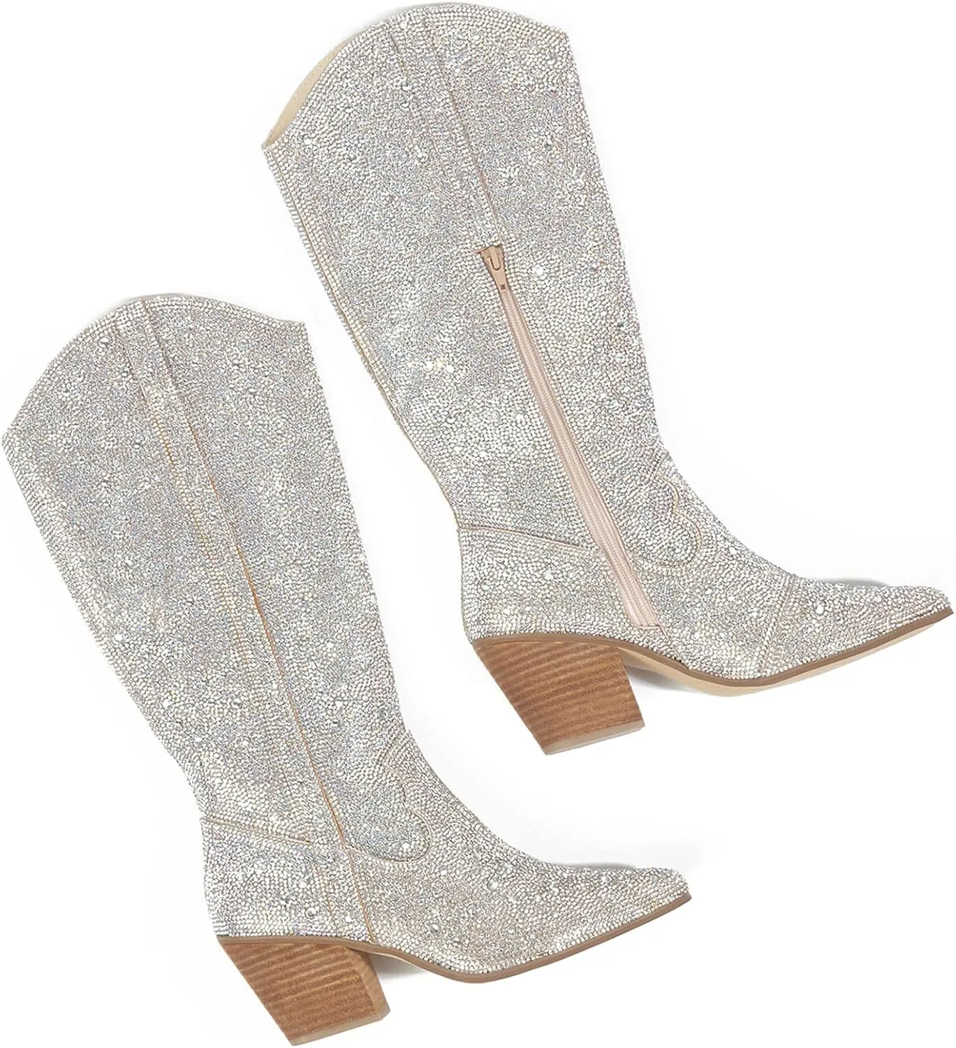 CKSNDLF Women's Cowboy Boots Cowgirl Rhinestones Western Boots Pointed Toe Chunky Stacked Heel Sparkly Glitter Bling Shoes