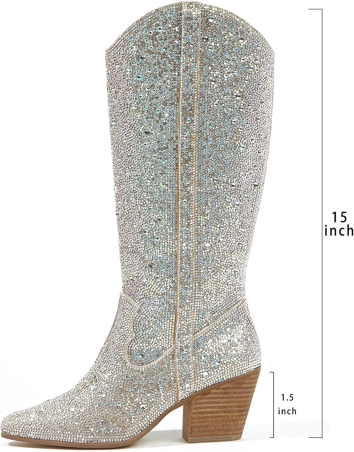 CKSNDLF Women's Cowboy Boots Cowgirl Rhinestones Western Boots Pointed Toe Chunky Stacked Heel Sparkly Glitter Bling Shoes