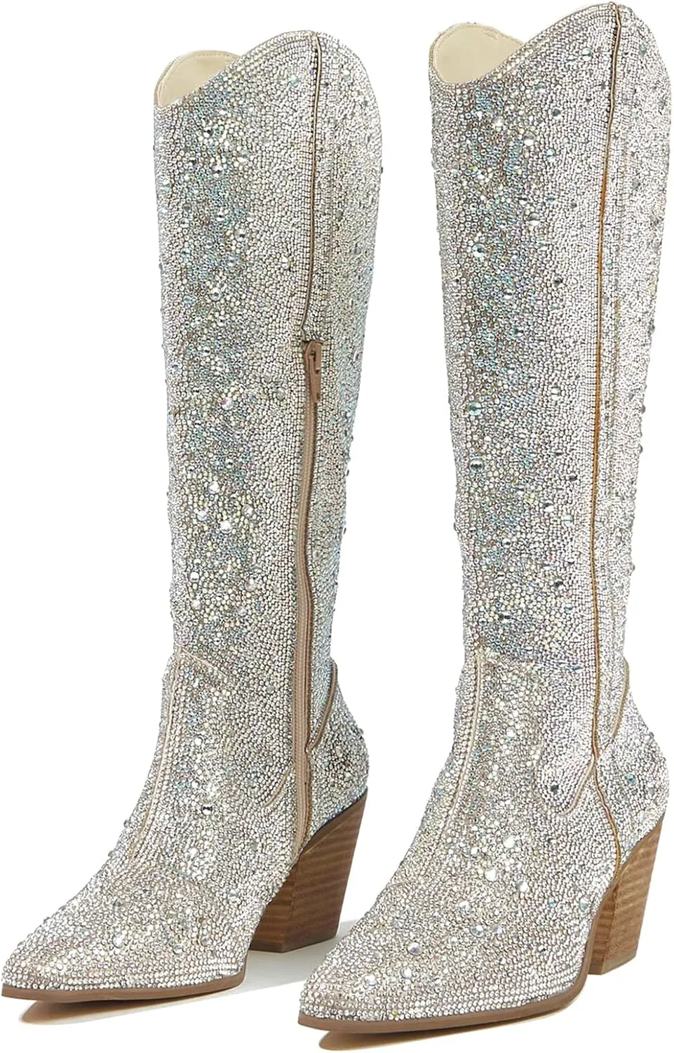 CKSNDLF Women's Cowboy Boots Cowgirl Rhinestones Western Boots Pointed Toe Chunky Stacked Heel Sparkly Glitter Bling Shoes