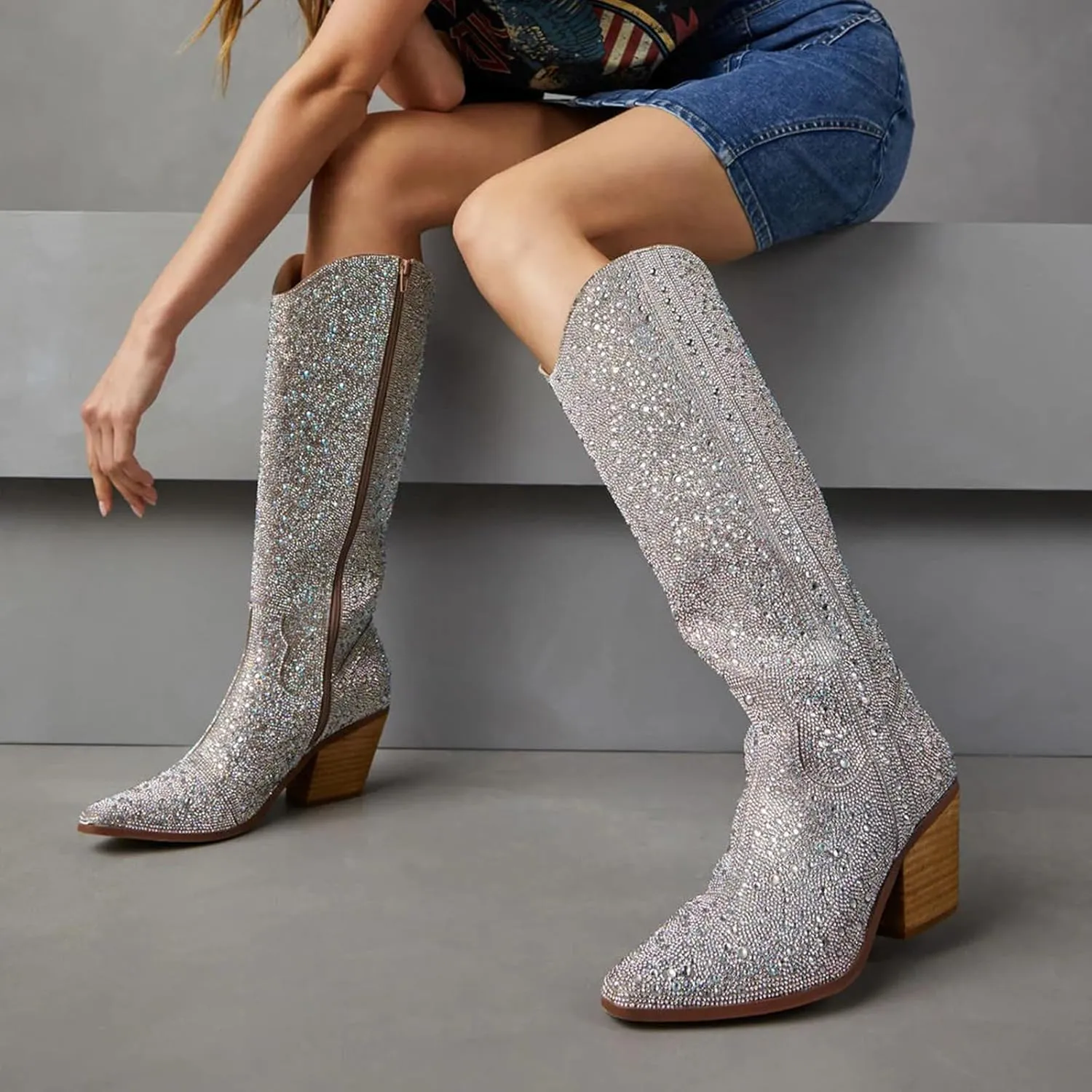 CKSNDLF Women's Cowboy Boots Cowgirl Rhinestones Western Boots Pointed Toe Chunky Stacked Heel Sparkly Glitter Bling Shoes