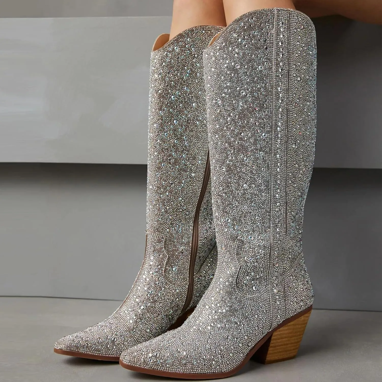 CKSNDLF Women's Cowboy Boots Cowgirl Rhinestones Western Boots Pointed Toe Chunky Stacked Heel Sparkly Glitter Bling Shoes