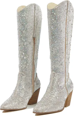 CKSNDLF Women's Cowboy Boots Cowgirl Rhinestones Western Boots Pointed Toe Chunky Stacked Heel Sparkly Glitter Bling Shoes