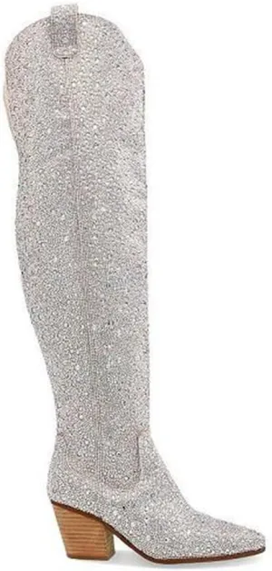 CKSNDLF Women's Cowboy Boots Cowgirl Rhinestones Western Boots Pointed Toe Chunky Stacked Heel Sparkly Glitter Bling Shoes