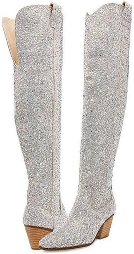 CKSNDLF Women's Cowboy Boots Cowgirl Rhinestones Western Boots Pointed Toe Chunky Stacked Heel Sparkly Glitter Bling Shoes