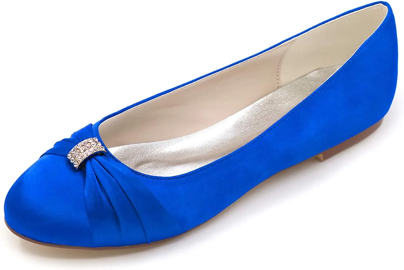 COMFASH Women's Ballet Flats Satin Rhinestones Round Toe Wedding Evening Party Shoes