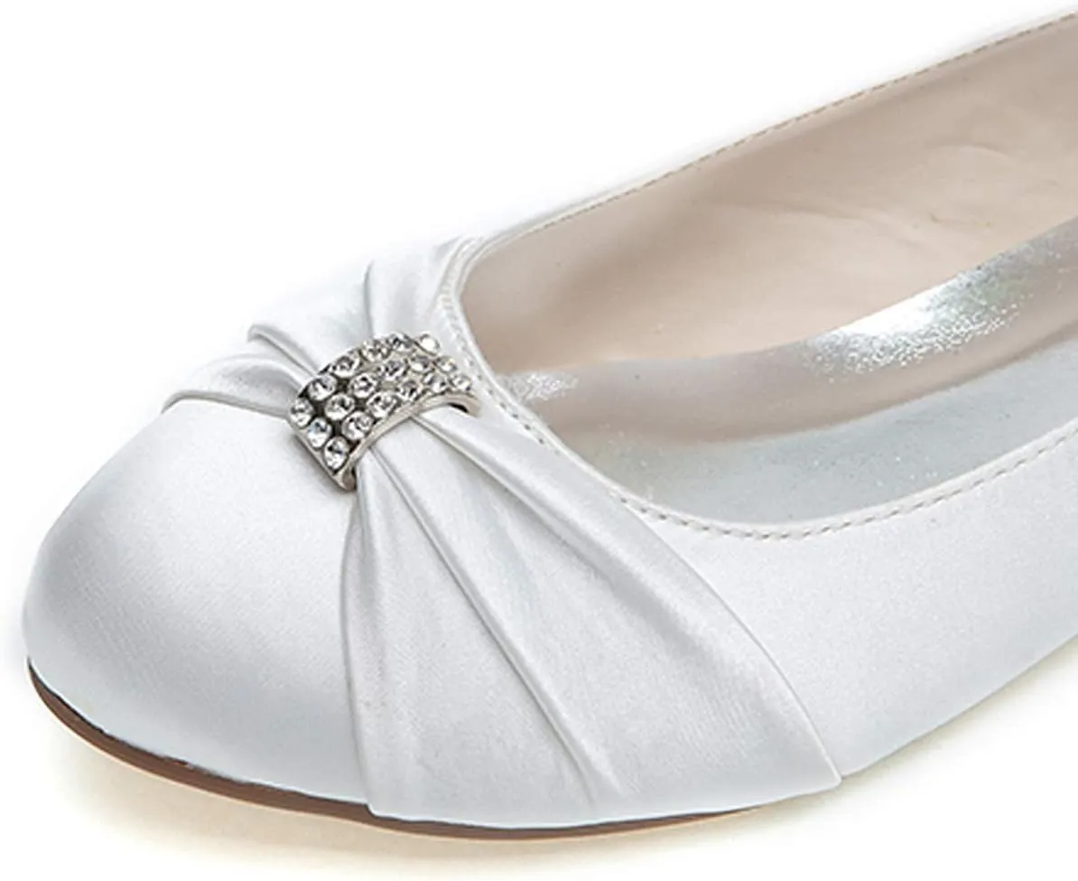 COMFASH Women's Ballet Flats Satin Rhinestones Round Toe Wedding Evening Party Shoes