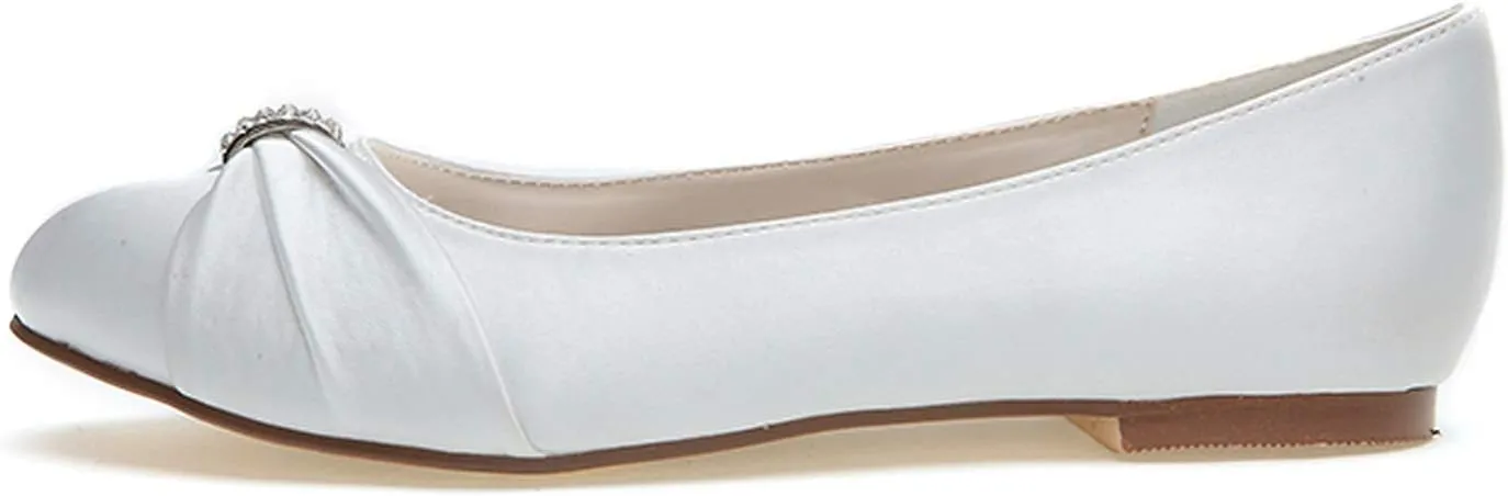 COMFASH Women's Ballet Flats Satin Rhinestones Round Toe Wedding Evening Party Shoes