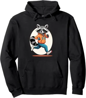 Cool Running Raccoon in Orange Jacket Cartoon Style Pullover Hoodie