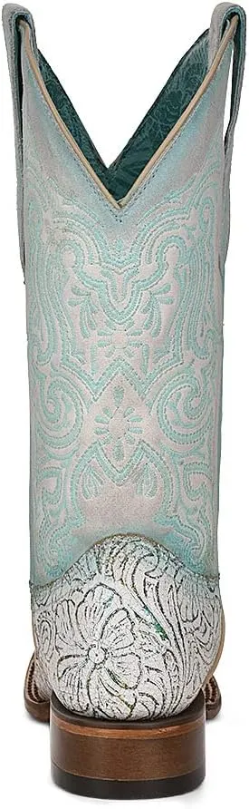 CORRAL LADIES LD WHITE/TURQUOISE EMBROIDERY SQ. TOE, SQUARE TOE, LEATHER Sole, 11" Shaft, COWHIDE Leather, WESTERN BOOT, WHITE/TURQUOISE Z5139 Size