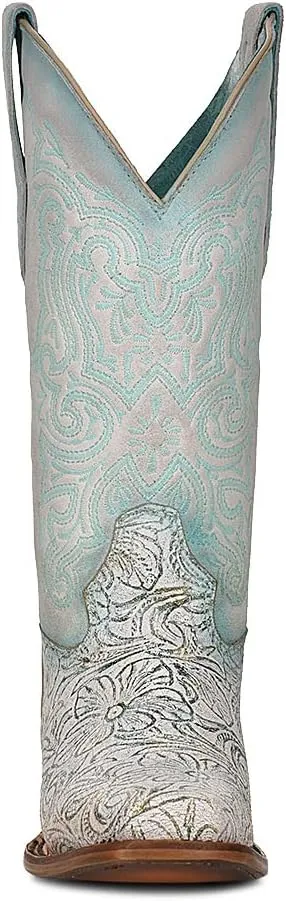 CORRAL LADIES LD WHITE/TURQUOISE EMBROIDERY SQ. TOE, SQUARE TOE, LEATHER Sole, 11" Shaft, COWHIDE Leather, WESTERN BOOT, WHITE/TURQUOISE Z5139 Size