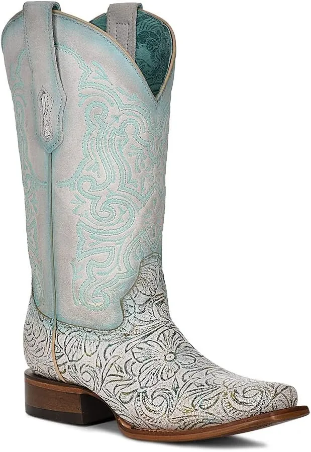 CORRAL LADIES LD WHITE/TURQUOISE EMBROIDERY SQ. TOE, SQUARE TOE, LEATHER Sole, 11" Shaft, COWHIDE Leather, WESTERN BOOT, WHITE/TURQUOISE Z5139 Size