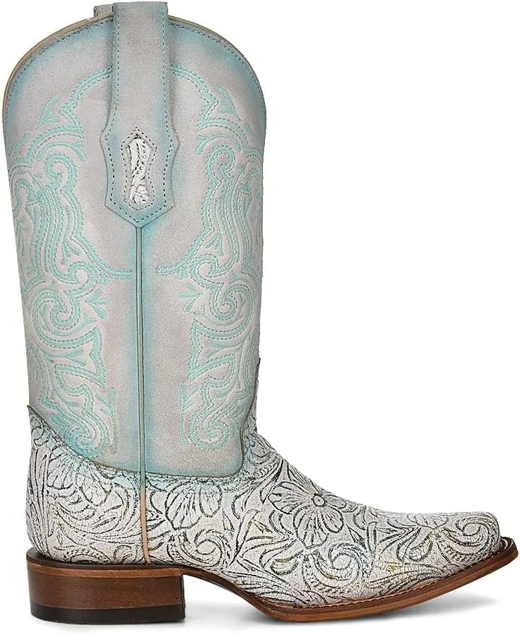 CORRAL LADIES LD WHITE/TURQUOISE EMBROIDERY SQ. TOE, SQUARE TOE, LEATHER Sole, 11" Shaft, COWHIDE Leather, WESTERN BOOT, WHITE/TURQUOISE Z5139 Size