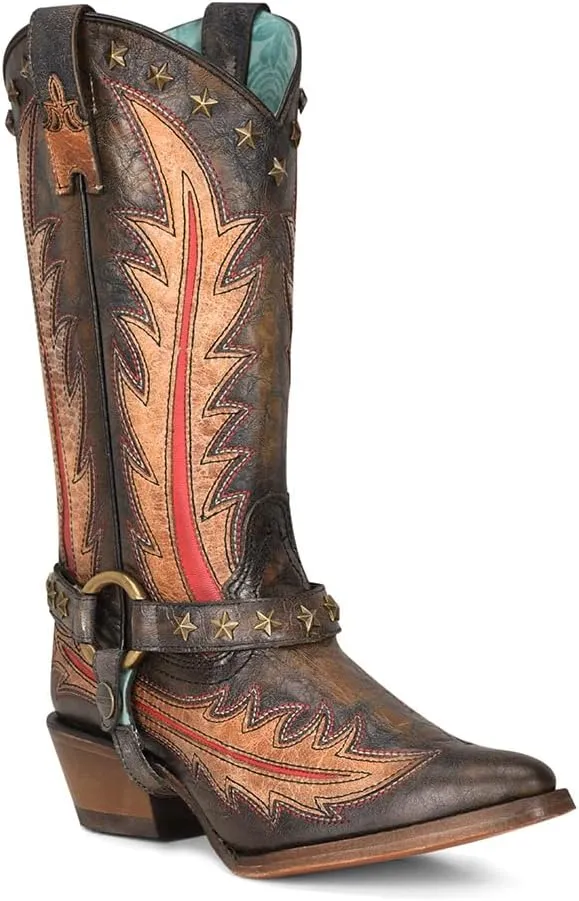 CORRAL Women's Ld Black/Orix Overlay & Embroidery & Star Studs & Harness Pointed Toe Leather Sole 12" Shaft Cowhide Leather,Urban Bootie Black/Orix, Size 6