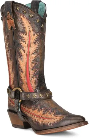 CORRAL Women's Ld Black/Orix Overlay & Embroidery & Star Studs & Harness Pointed Toe Leather Sole 12" Shaft Cowhide Leather,Urban Bootie Black/Orix, Size 6
