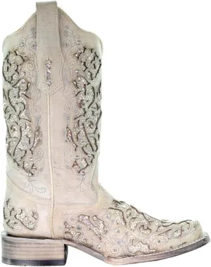 CORRAL Women's White Glitter and Crystals Cowgirl Boot Square Toe White 8.5 M US