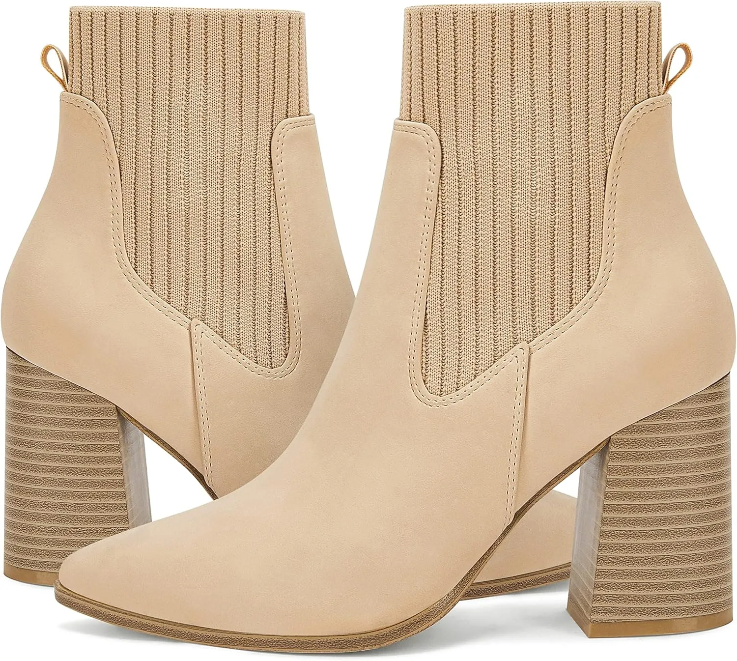 Coutgo Women Ankle Boots Sock Booties Pointed Toe Chunky Stacked High Heel Knit Chelsea Winter Dress Booties