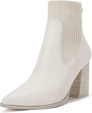 Coutgo Women Ankle Boots Sock Booties Pointed Toe Chunky Stacked High Heel Knit Chelsea Winter Dress Booties