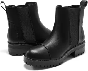 Coutgo Womens Chelsea Ankle Boots Lug Sole Low Stacked Heel Booties Winter Platform Shoes