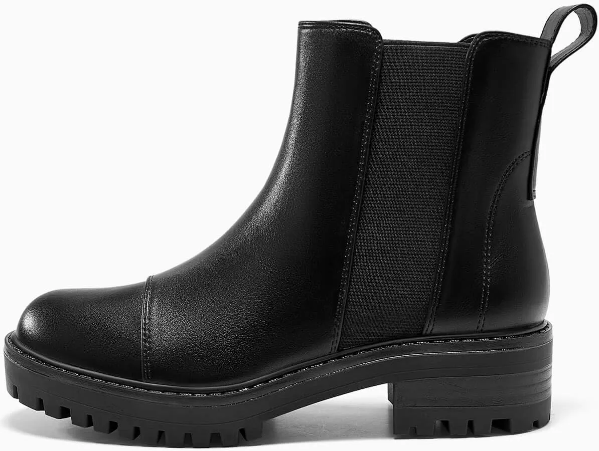Coutgo Womens Chelsea Ankle Boots Lug Sole Low Stacked Heel Booties Winter Platform Shoes