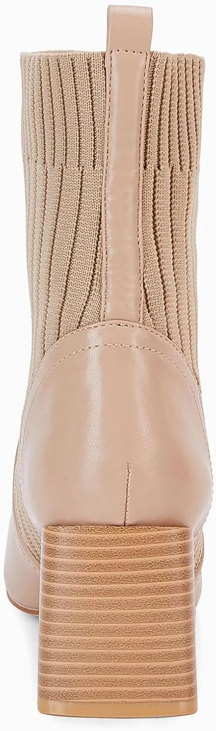 Coutgo Women's Chunky Heel Ankle Boots Square Toe Slip On Sock Booties Elastic Chelsea Boot