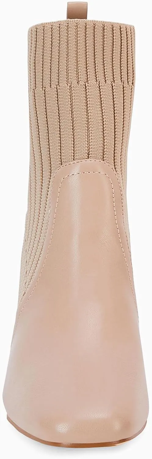 Coutgo Women's Chunky Heel Ankle Boots Square Toe Slip On Sock Booties Elastic Chelsea Boot