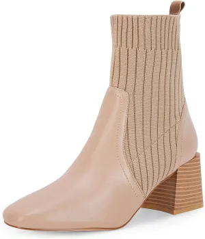 Coutgo Women's Chunky Heel Ankle Boots Square Toe Slip On Sock Booties Elastic Chelsea Boot