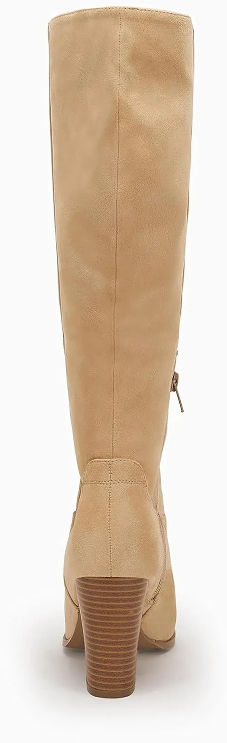 Coutgo Womens Faux Suede Knee High Boots Side Zipper Chunky Heel Stretch Winter Boots