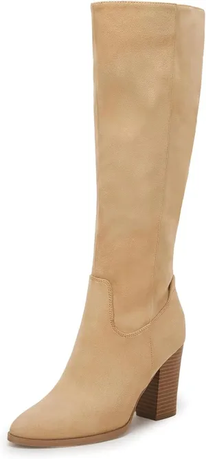 Coutgo Womens Faux Suede Knee High Boots Side Zipper Chunky Heel Stretch Winter Boots