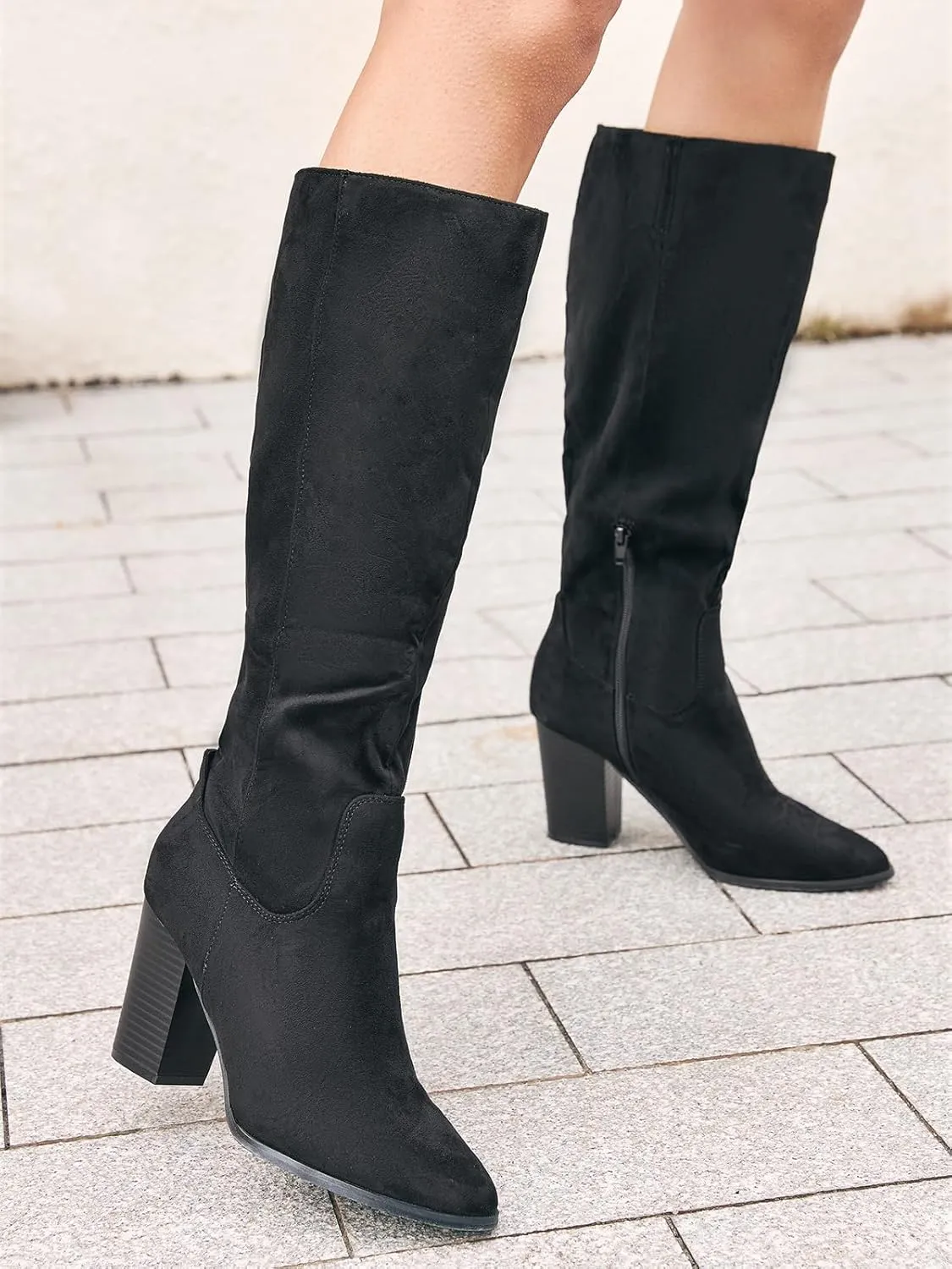 Coutgo Womens Faux Suede Knee High Boots Side Zipper Chunky Heel Stretch Winter Boots