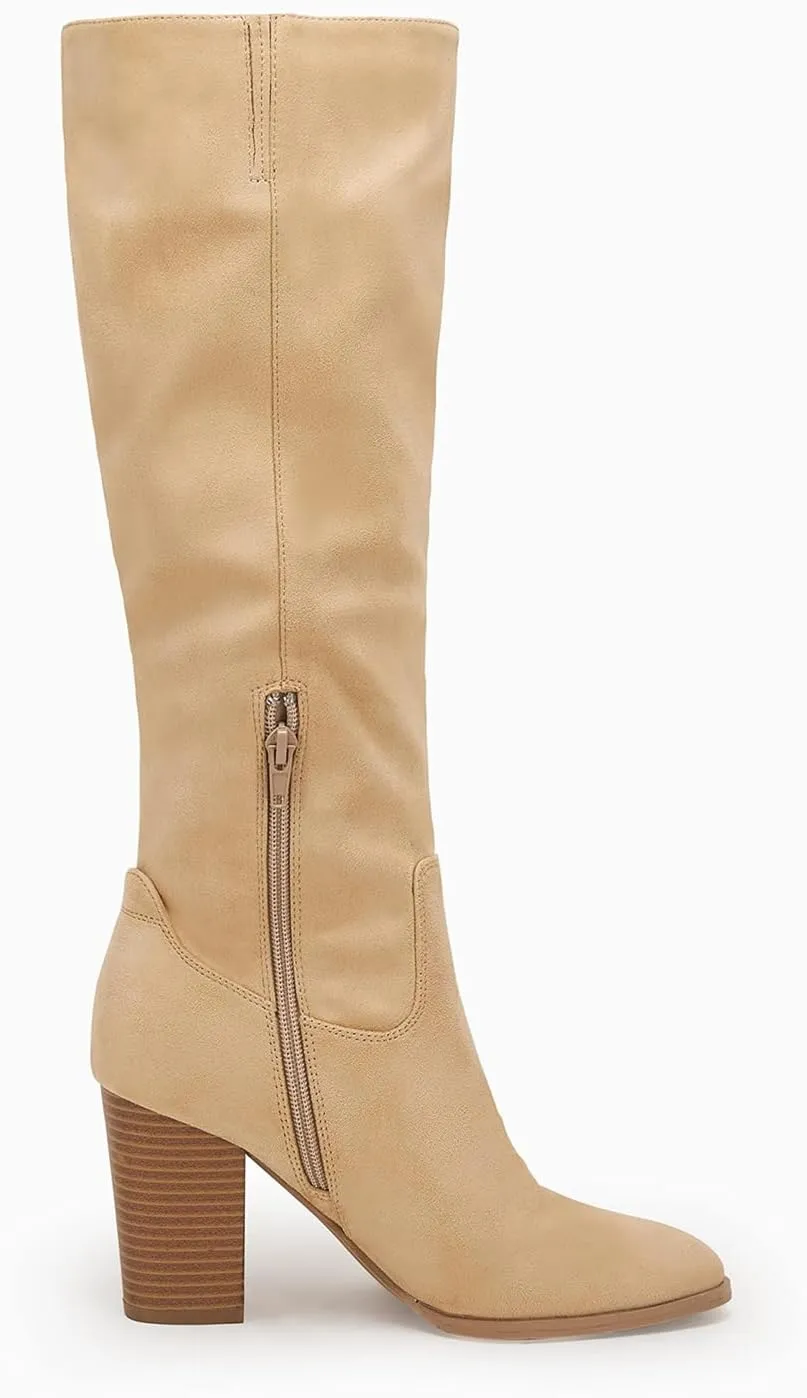 Coutgo Womens Faux Suede Knee High Boots Side Zipper Chunky Heel Stretch Winter Boots