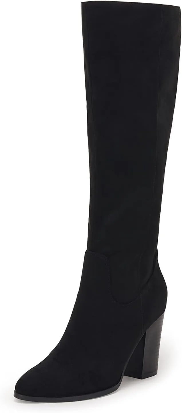 Coutgo Womens Faux Suede Knee High Boots Side Zipper Chunky Heel Stretch Winter Boots