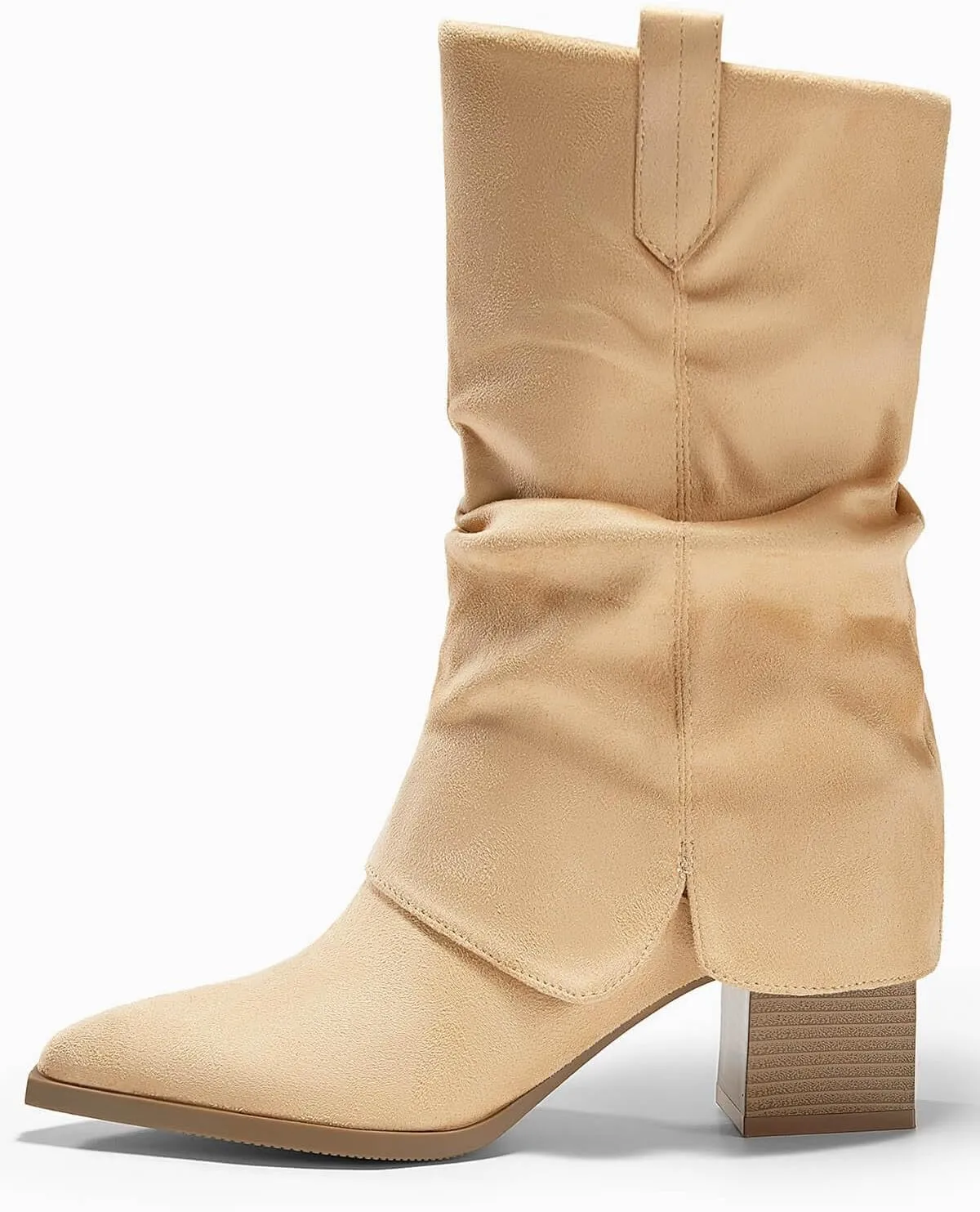 Coutgo Womens Fold Over Mid Calf Boots Slouchy Pointed Toe Chunky Heel Boots Pull On Winter Western Boot Shoes