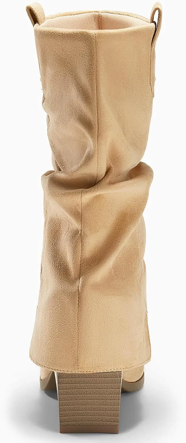 Coutgo Womens Fold Over Mid Calf Boots Slouchy Pointed Toe Chunky Heel Boots Pull On Winter Western Boot Shoes