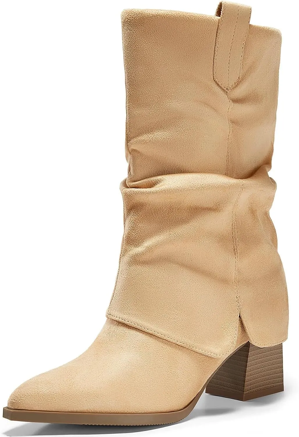Coutgo Womens Fold Over Mid Calf Boots Slouchy Pointed Toe Chunky Heel Boots Pull On Winter Western Boot Shoes
