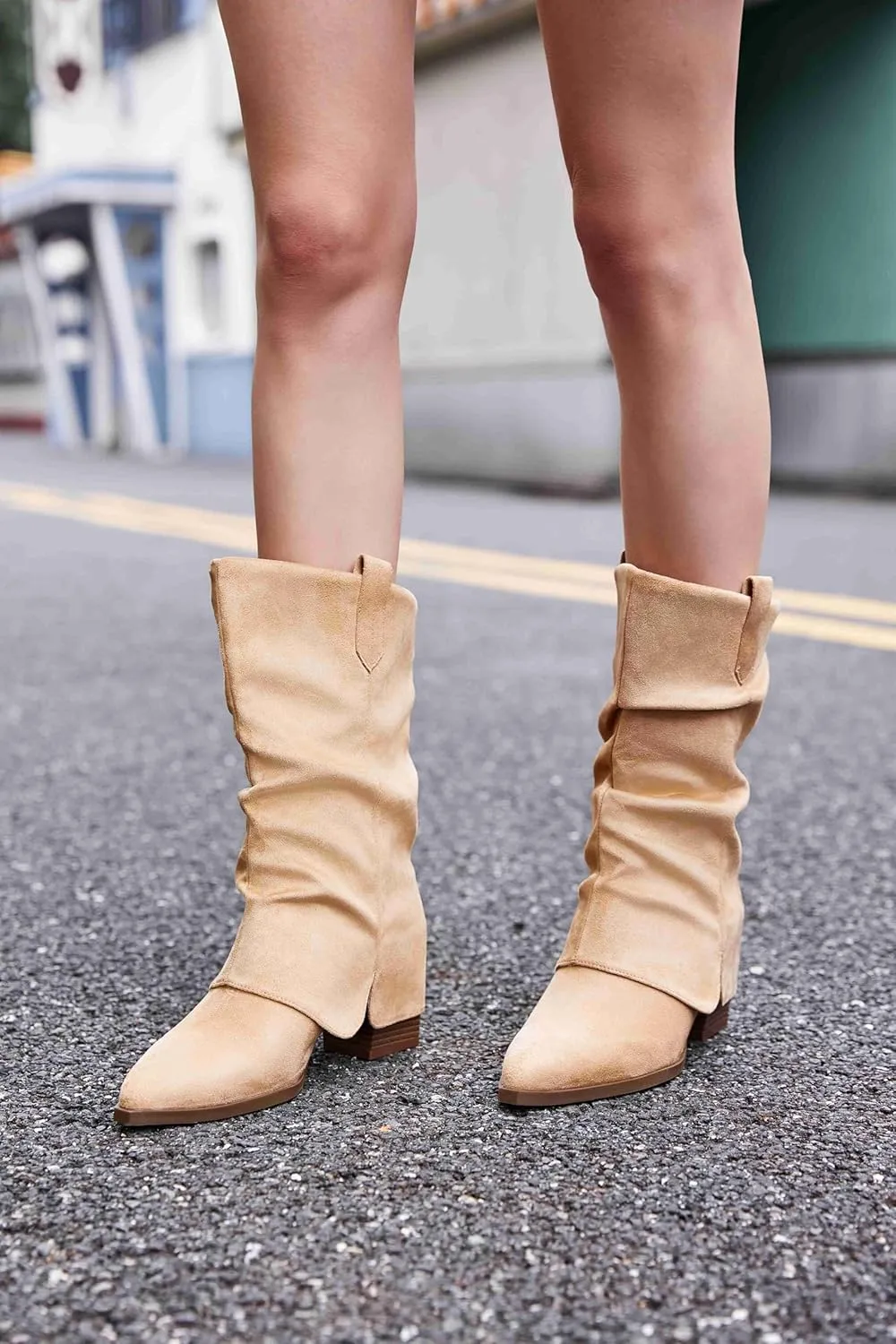 Coutgo Womens Fold Over Mid Calf Boots Slouchy Pointed Toe Chunky Heel Boots Pull On Winter Western Boot Shoes