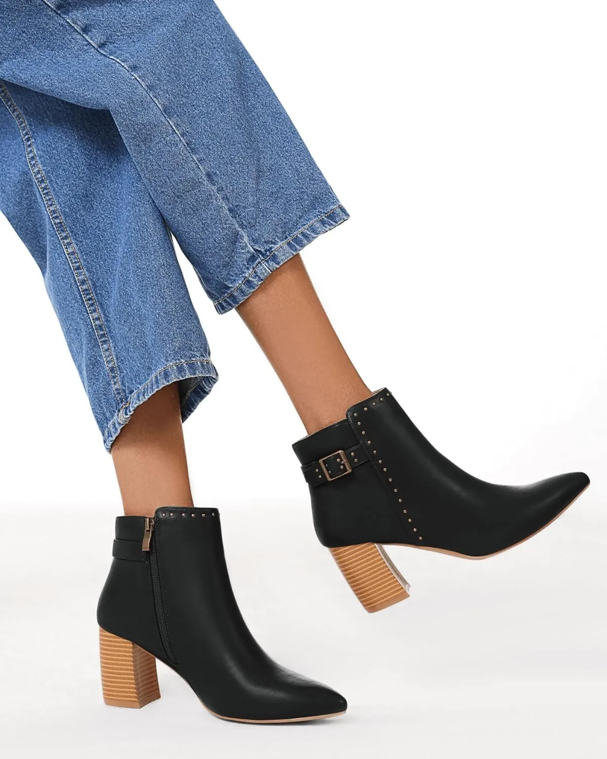 Coutgo Women's Pointed Toe Ankle Boots Chunky Stacked Heel Side Zipper Casual Fall Booties Shoes