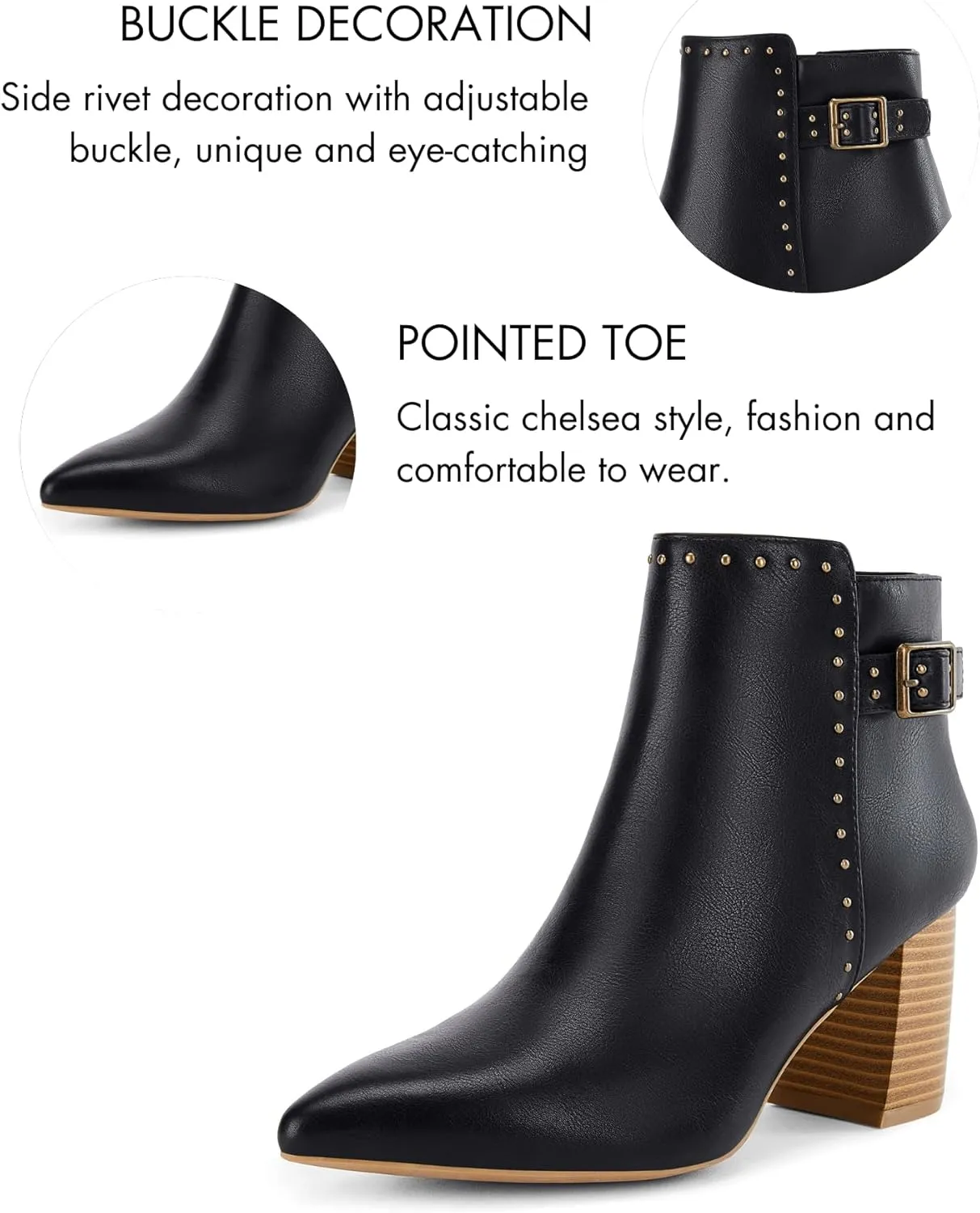 Coutgo Women's Pointed Toe Ankle Boots Chunky Stacked Heel Side Zipper Casual Fall Booties Shoes