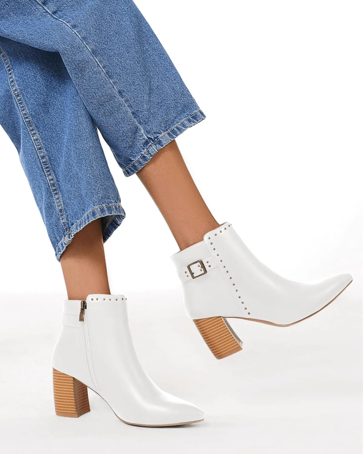 Coutgo Women's Pointed Toe Ankle Boots Chunky Stacked Heel Side Zipper Casual Fall Booties Shoes