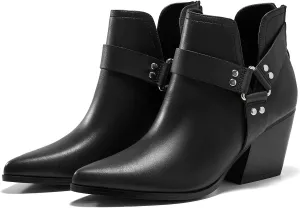 Coutgo Womens V Cutout Ankle Boots Pointed Toe Chunky Stacked Heel Booties Zip Up Western Boots Shoes