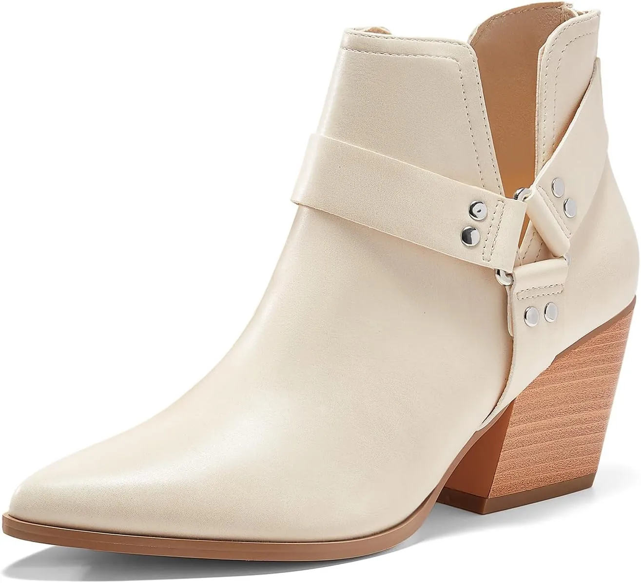 Coutgo Womens V Cutout Ankle Boots Pointed Toe Chunky Stacked Heel Booties Zip Up Western Boots Shoes