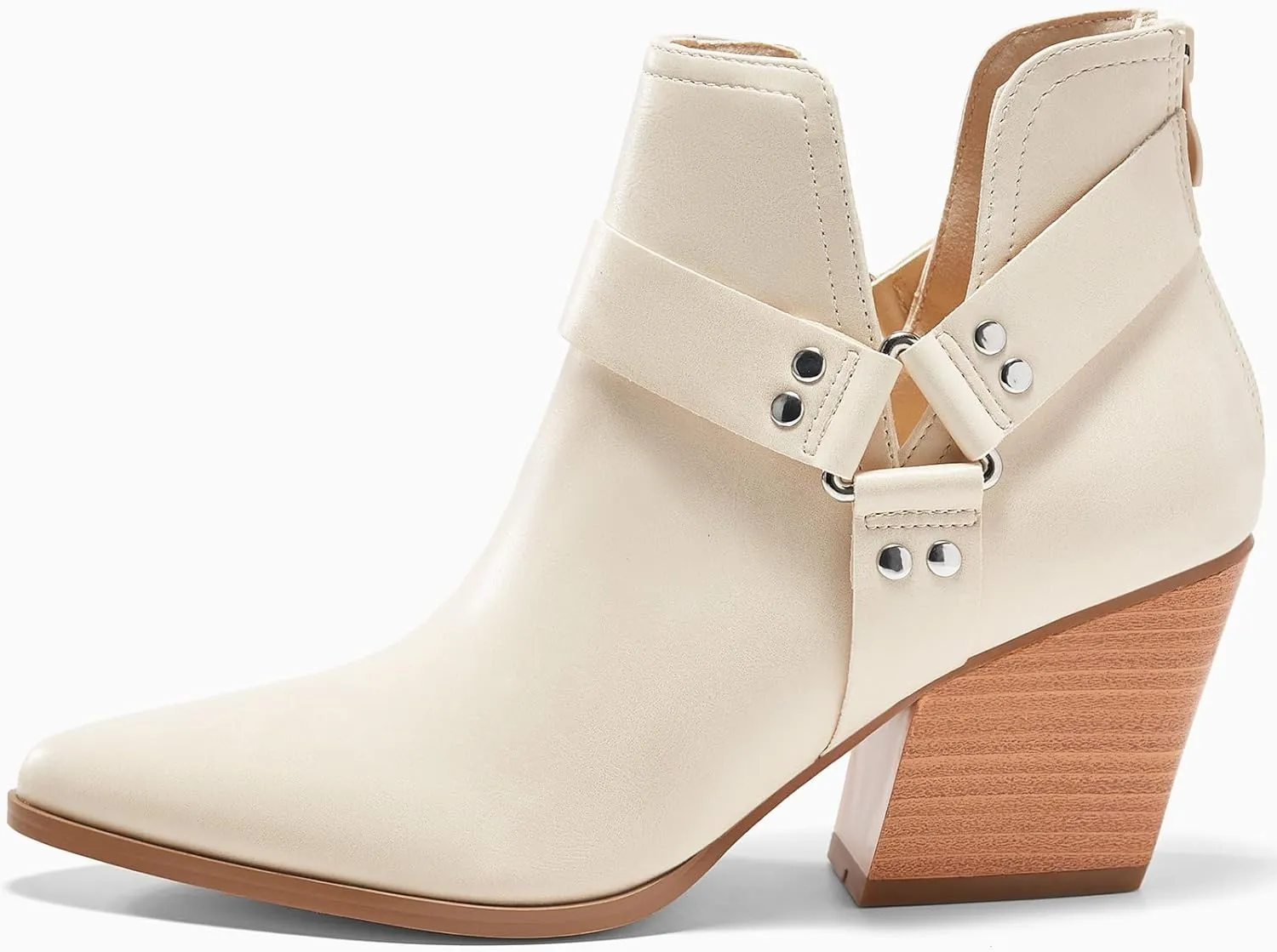 Coutgo Womens V Cutout Ankle Boots Pointed Toe Chunky Stacked Heel Booties Zip Up Western Boots Shoes