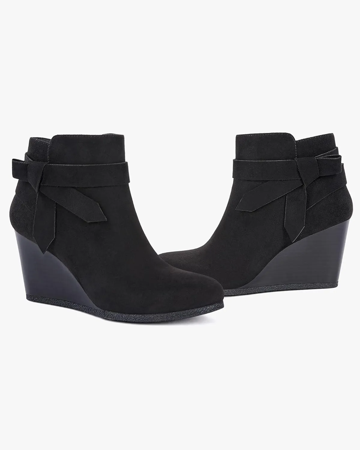Coutgo Womens Wedge Booties Fall Ankle Boots Tie Knot Stacked Heeled Side Zipper Winter Dress Shoes
